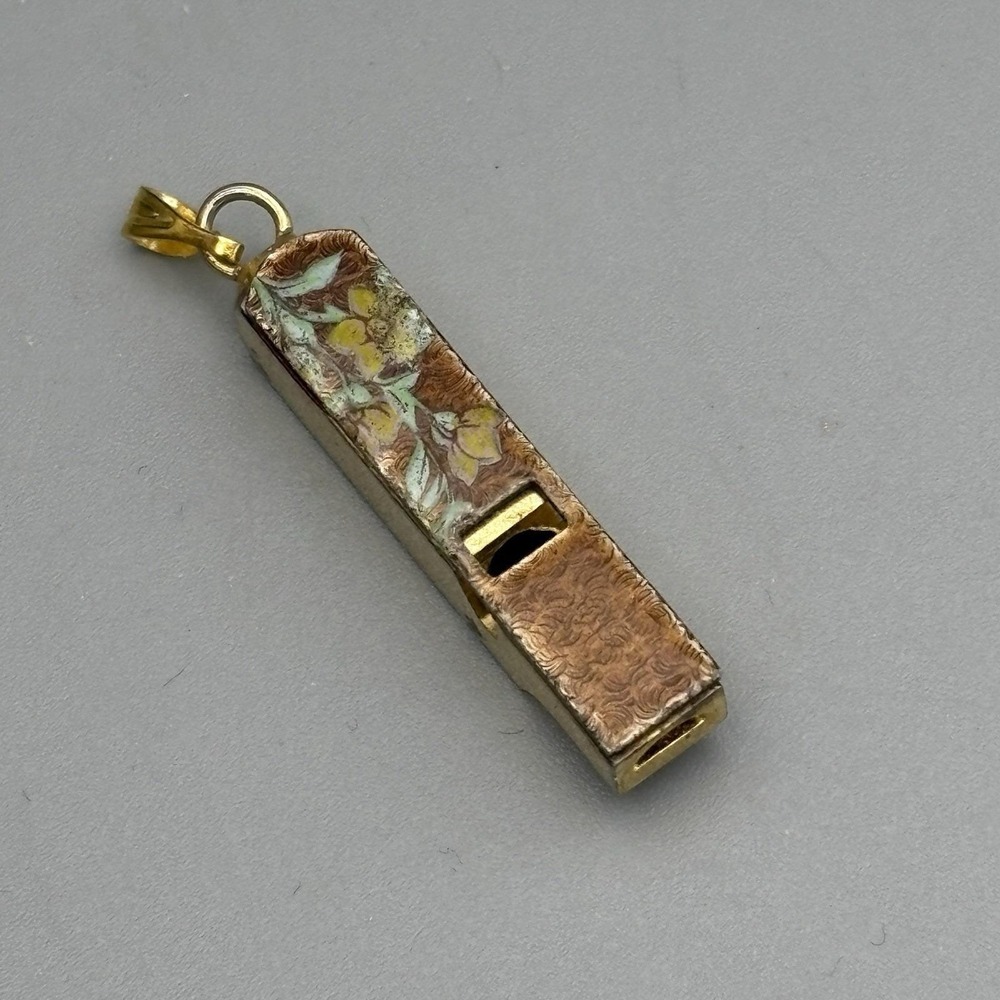 Vintage Whistle Pendant Gold Tone Enamel Floral Boho Festival RARE - Picture 8 of 10